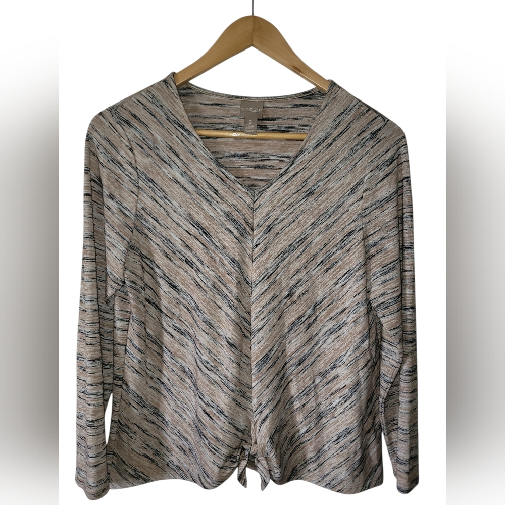 Chicos Neutral Marled Spacedye Size 2 Large Tie Front Knit Long Sleeve Top Tunic